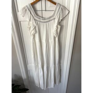 Boho Chic White Tiered Midi Dress with Flutter Sleeves and Embroidery